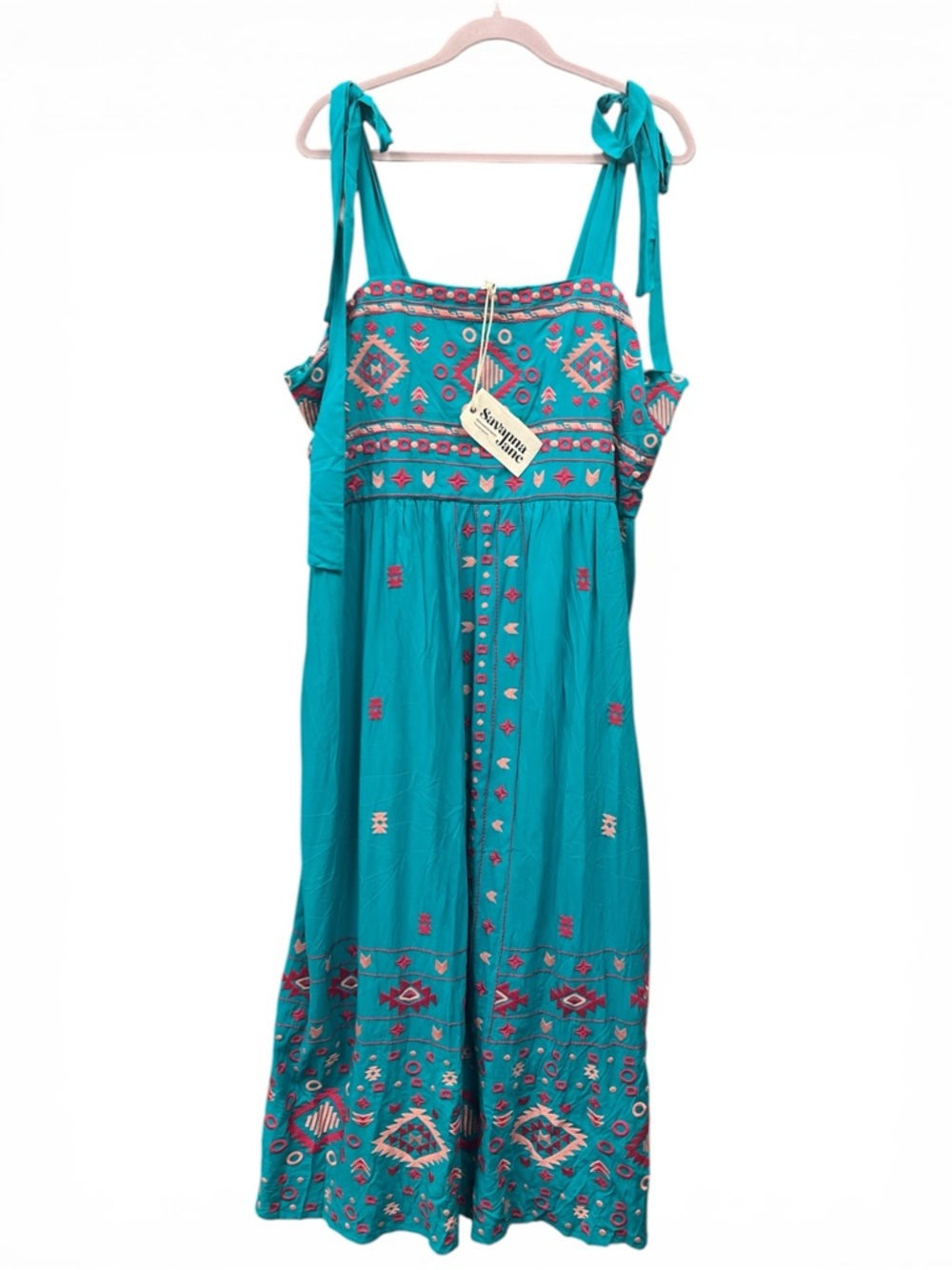 Savanna Jane
Boho Tie-Shoulder Teal Maxi Dress with Embroidered Details